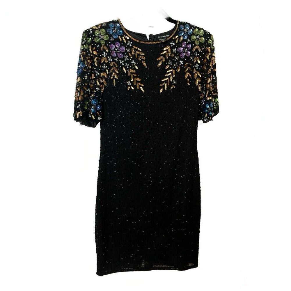 Vintage 80s Serenade Dress Womens Black Silk Beaded Figure Skating‎ Dance Party